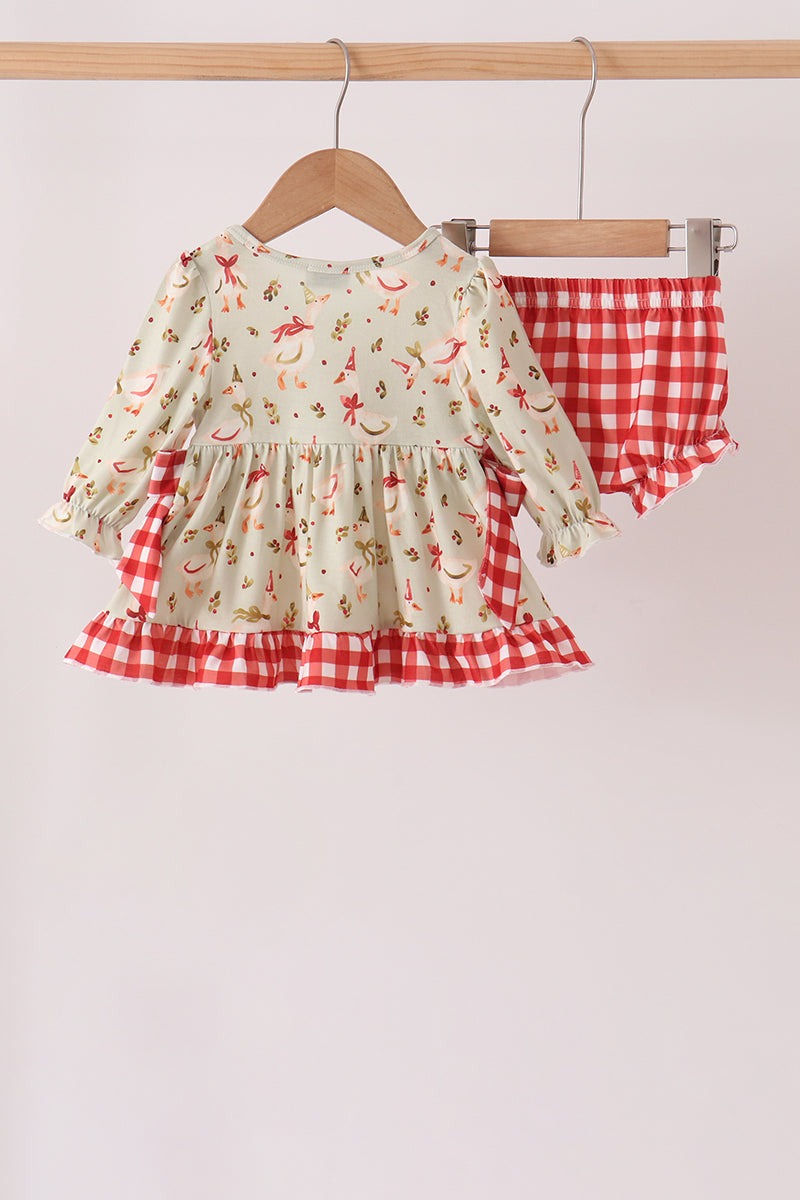 Goose Embroidery Ruffle Gingham Bloomer Set