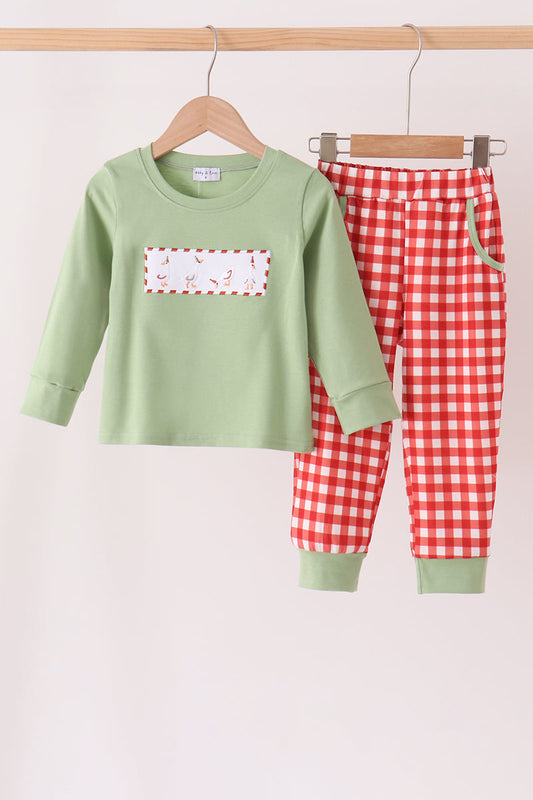 Sage Goose Embroidery Gingham Pants Set