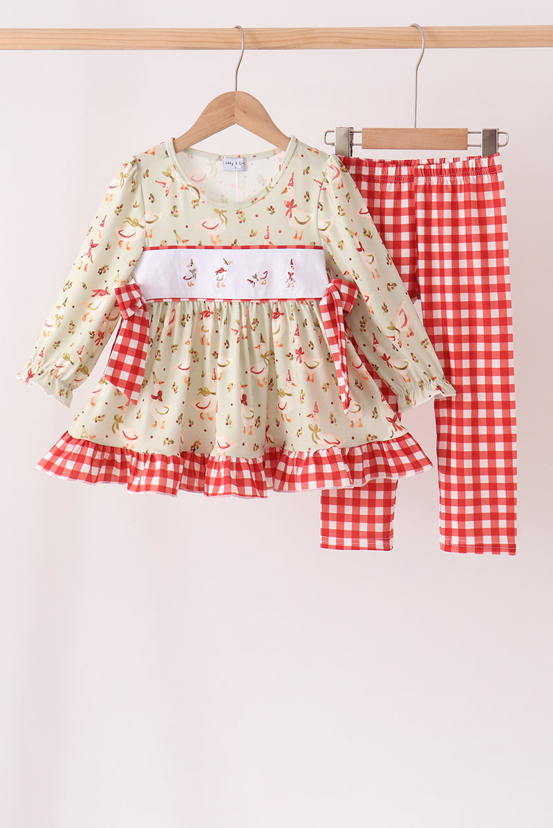 Goose Embroidery Ruffle Gingham Pants Set