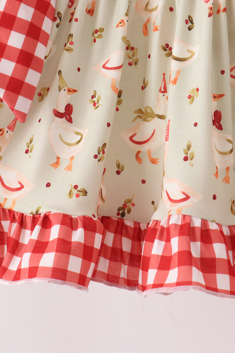 Goose Embroidery Ruffle Gingham Pants Set