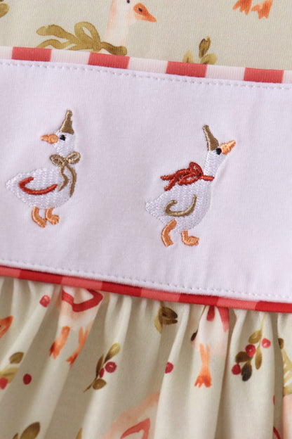 Goose Embroidery Ruffle Gingham Dress