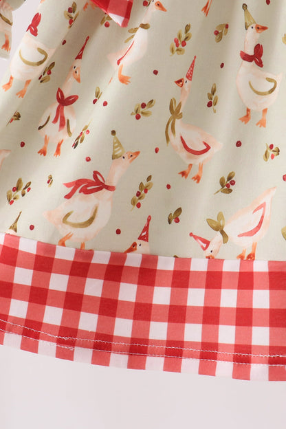Goose Embroidery Ruffle Gingham Dress
