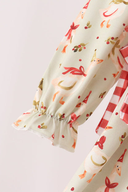 Goose Embroidery Ruffle Gingham Dress