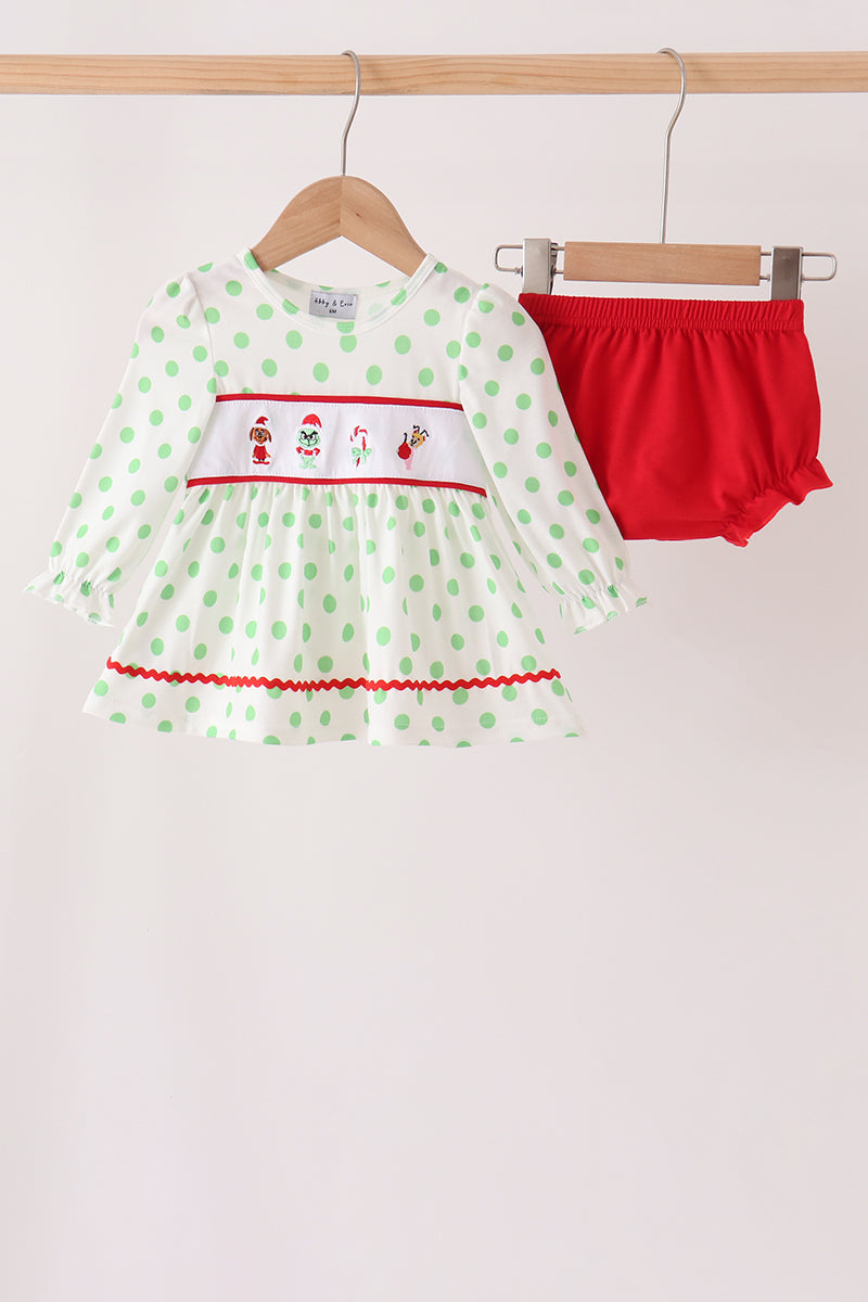 Green Grinch Embroidery Dot Bloomer Set