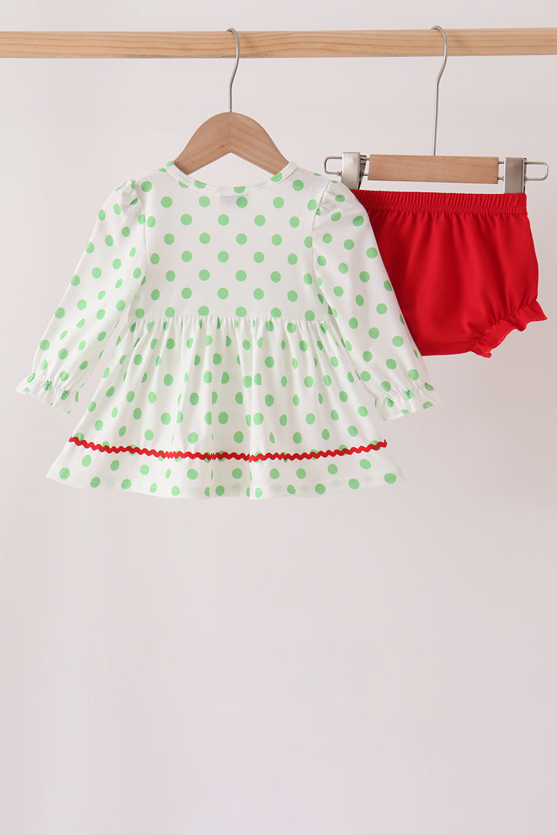 Green Grinch Embroidery Dot Bloomer Set
