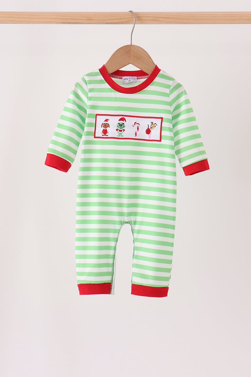 Green Grinch Embroidery Stripe Romper