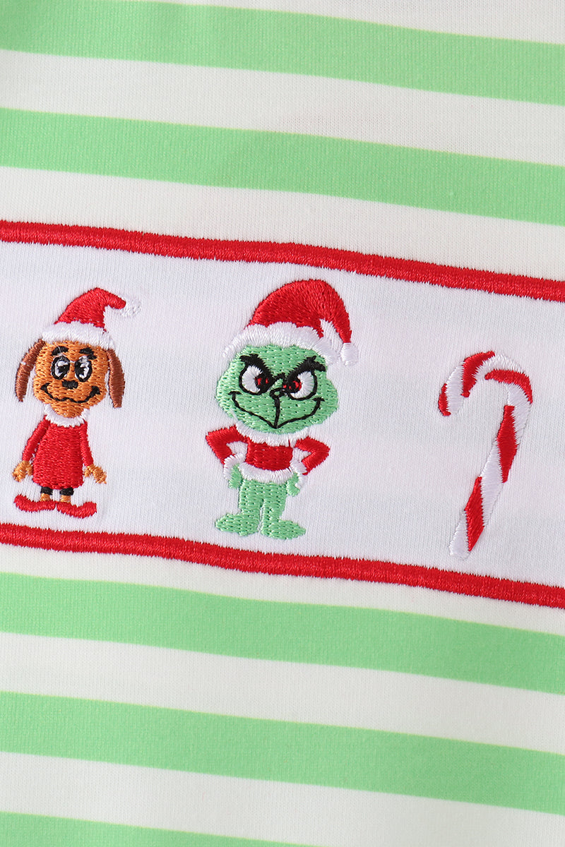Green Grinch Embroidery Stripe Romper