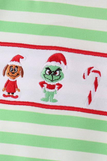 Green Grinch Embroidery Stripe Romper