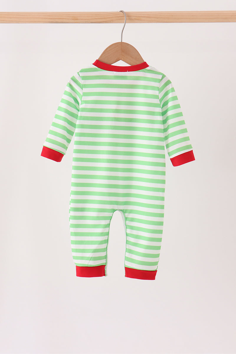 Green Grinch Embroidery Stripe Romper