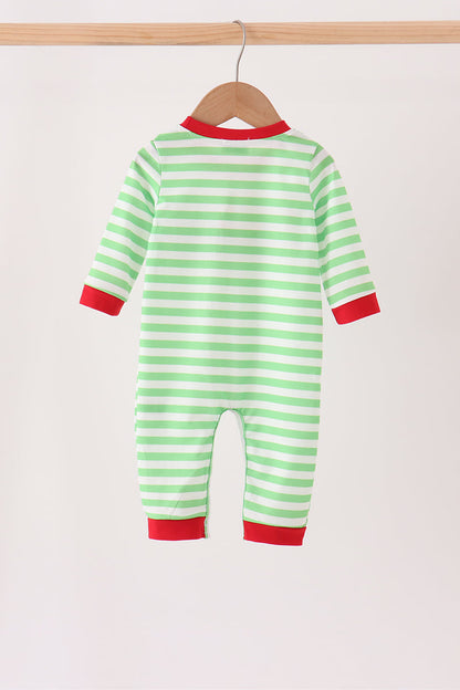 Green Grinch Embroidery Stripe Romper