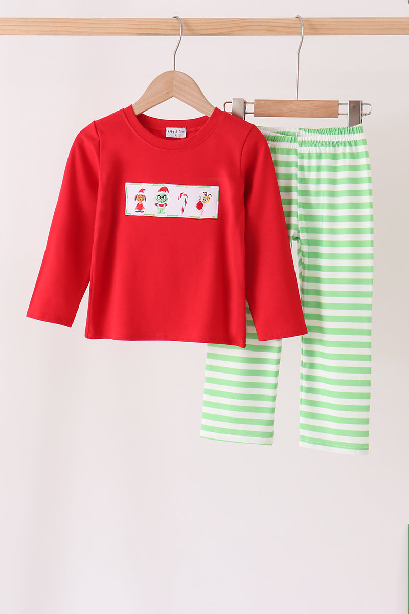 Red Grinch Embroidery Stripe Pants Set