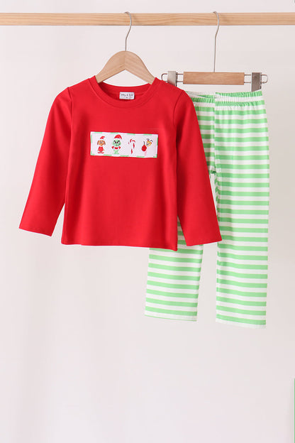 Red Grinch Embroidery Stripe Pants Set