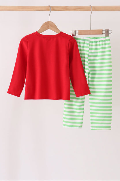 Red Grinch Embroidery Stripe Pants Set