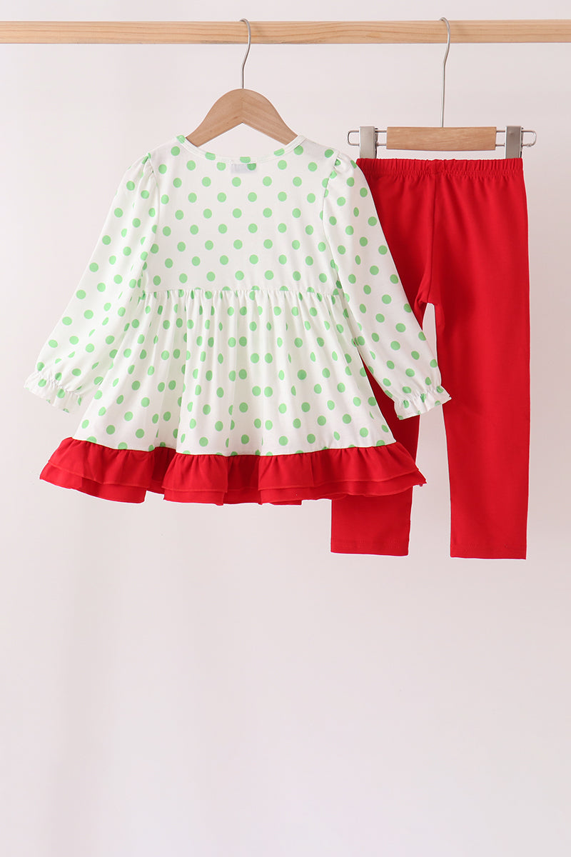 Green Dot Grinch Embroidery Ruffle Pants Set