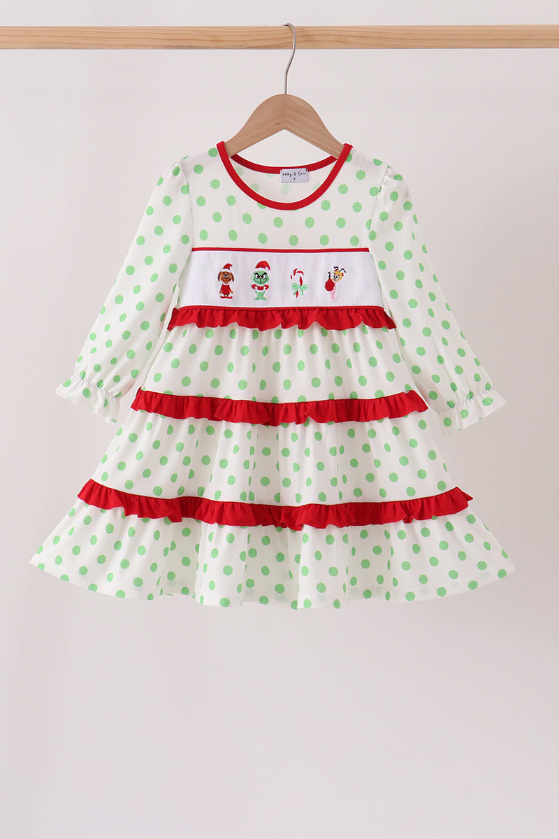 Green Dot Grinch Embroidery Ruffle Tiered Dress