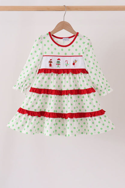 Green Dot Grinch Embroidery Ruffle Tiered Dress
