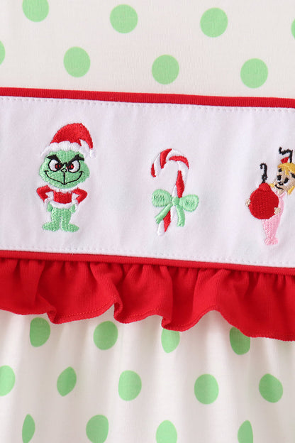Green Dot Grinch Embroidery Ruffle Tiered Dress