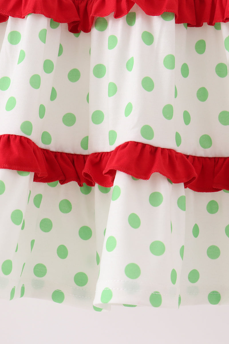 Green Dot Grinch Embroidery Ruffle Tiered Dress