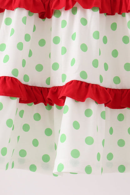 Green Dot Grinch Embroidery Ruffle Tiered Dress