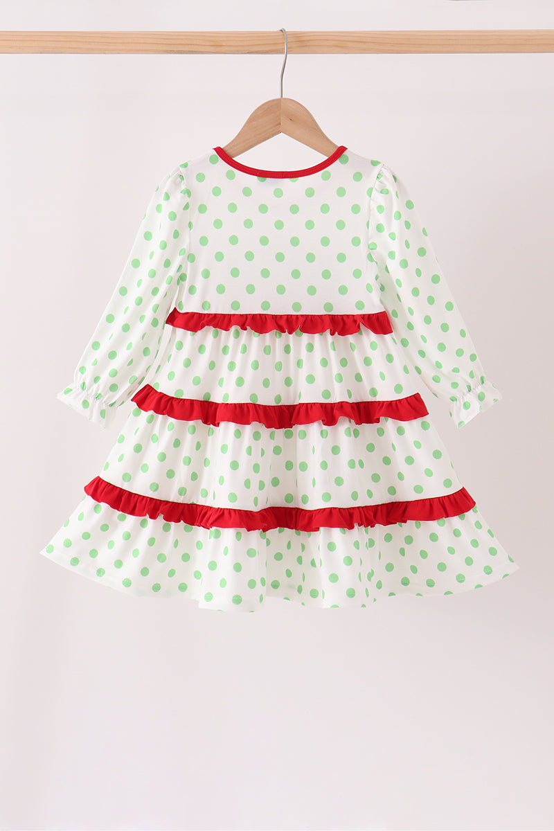 Green Dot Grinch Embroidery Ruffle Tiered Dress