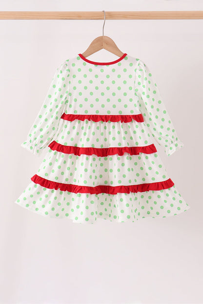 Green Dot Grinch Embroidery Ruffle Tiered Dress