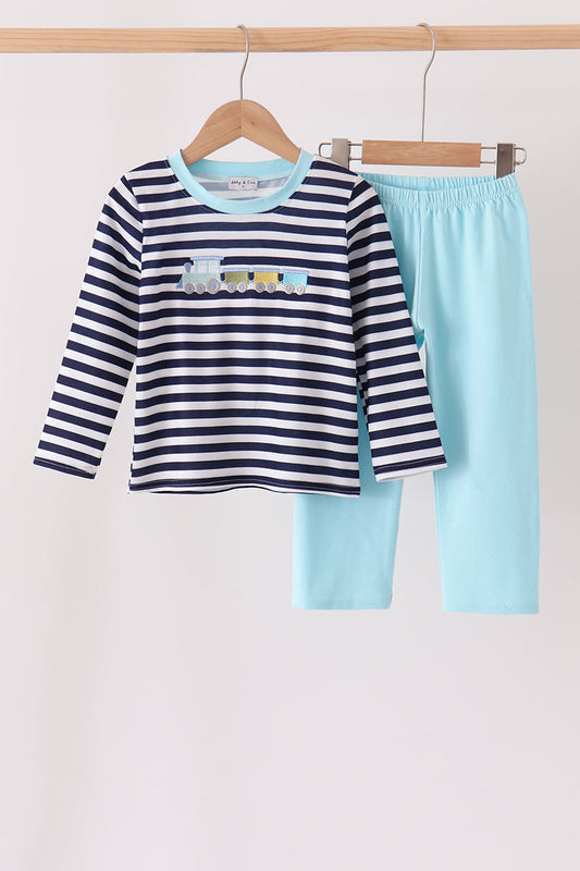 Blue Train Embroidery Stripe Pants Set