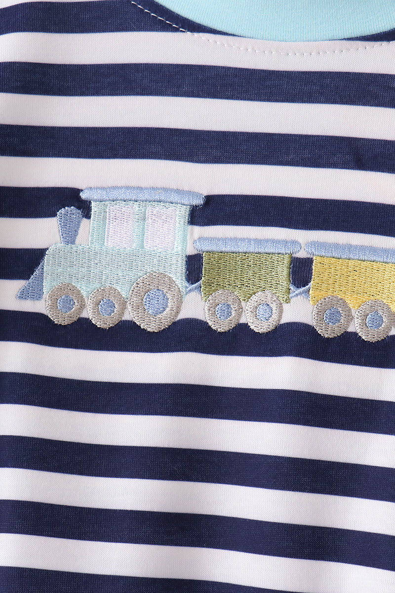Blue Train Embroidery Stripe Pants Set