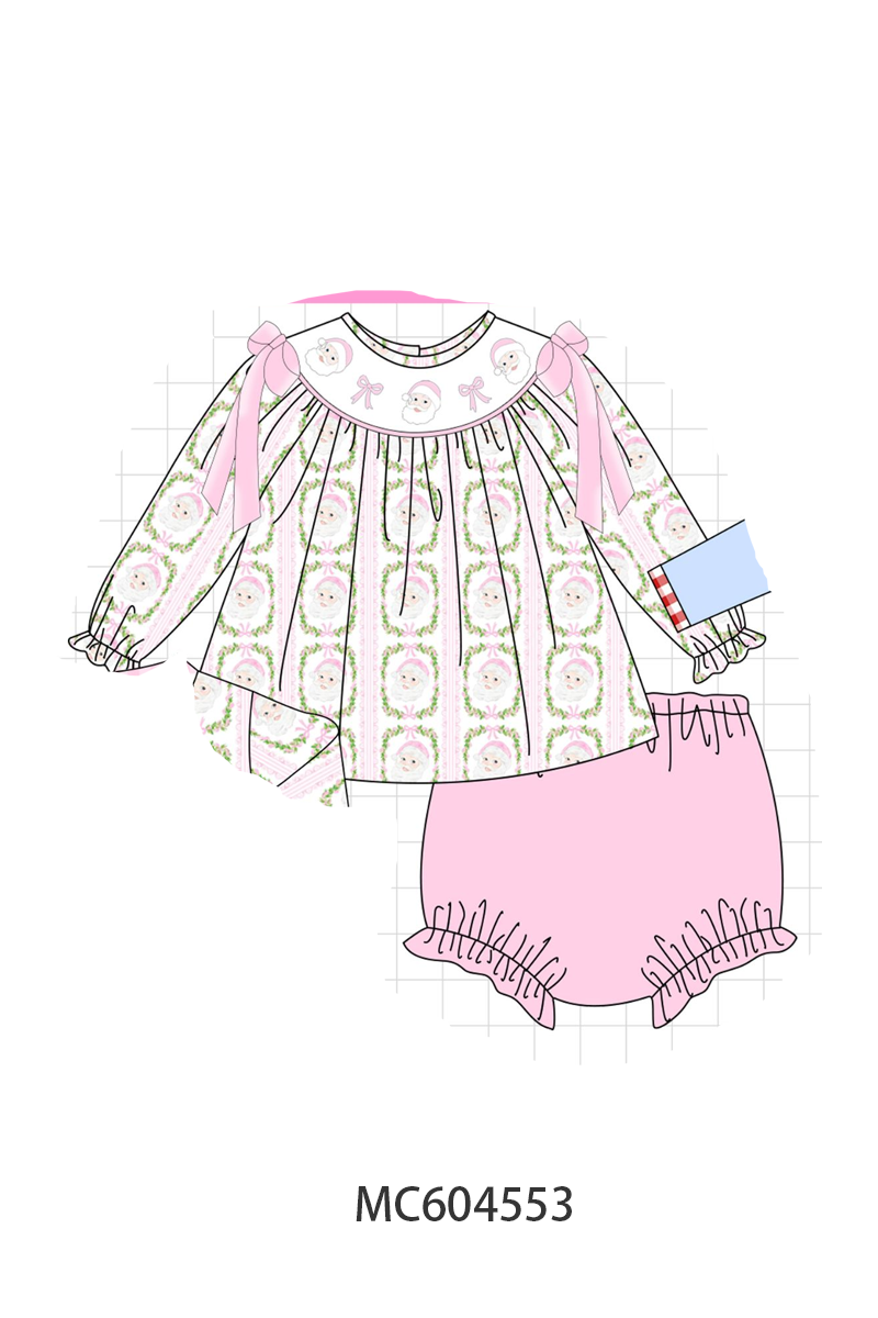 Pink Santa Bow Embroidery Bloomer Set