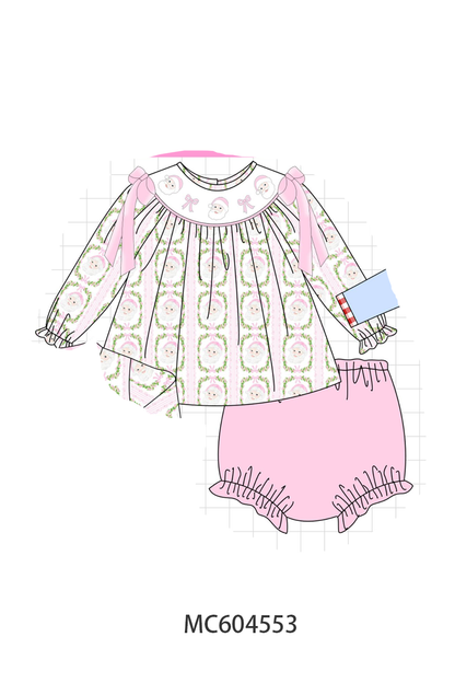 Pink Santa Bow Embroidery Bloomer Set
