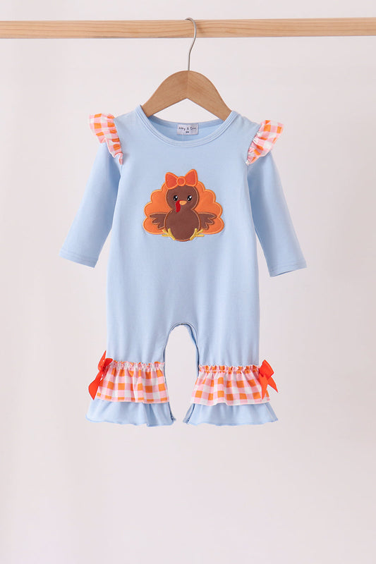 Blue Turkey Appliqué Ruffle Romper
