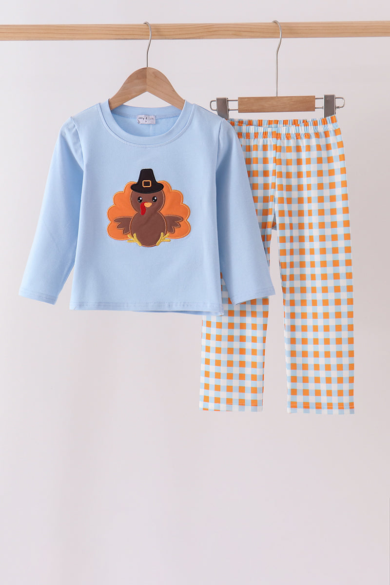 Blue Turkey Appliqué Gingham Pants Set