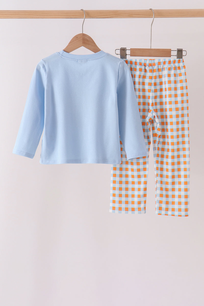 Blue Turkey Appliqué Gingham Pants Set