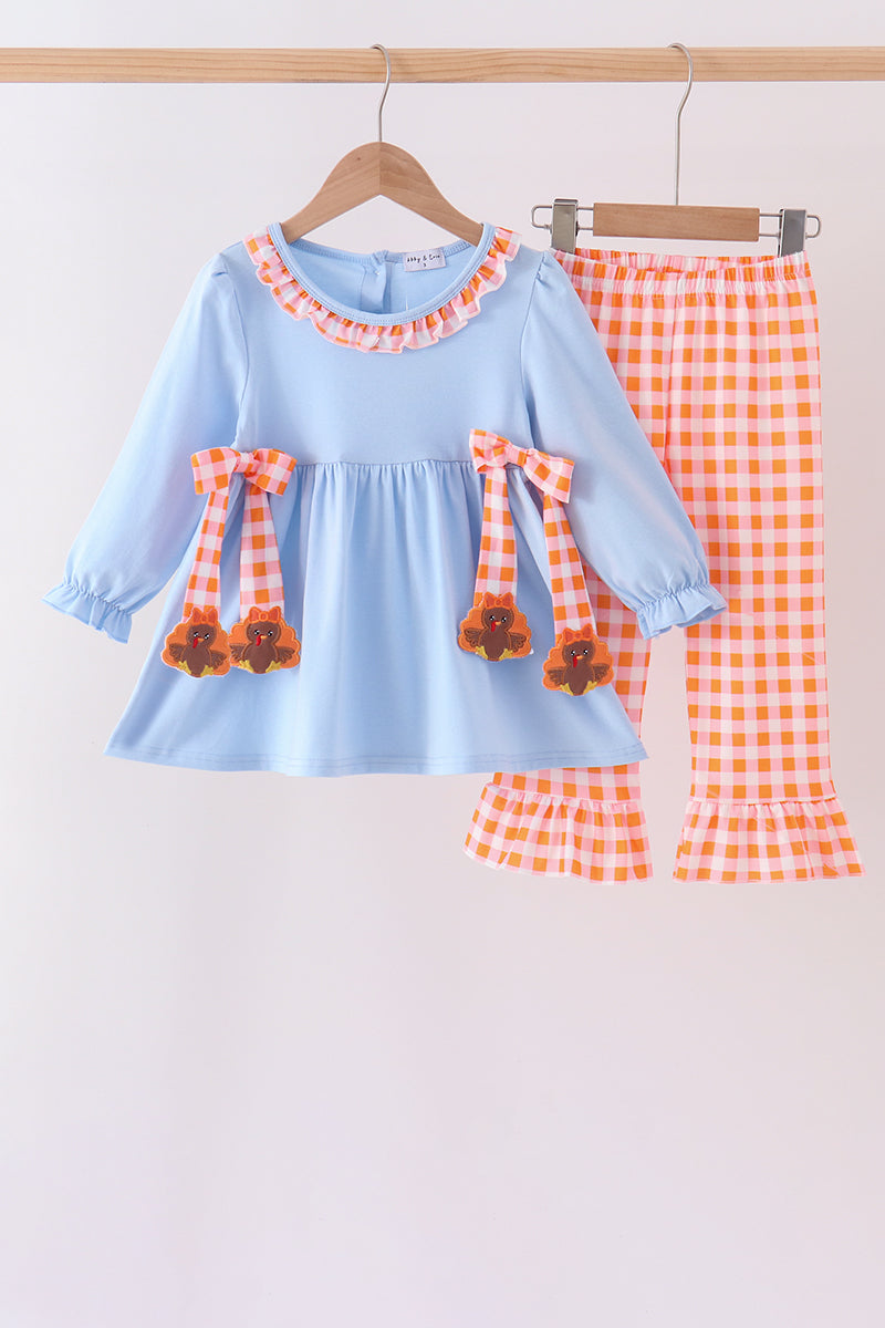 Blue Turkey Applique Gingham Ruffle Pants Set