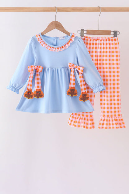 Blue Turkey Applique Gingham Ruffle Pants Set