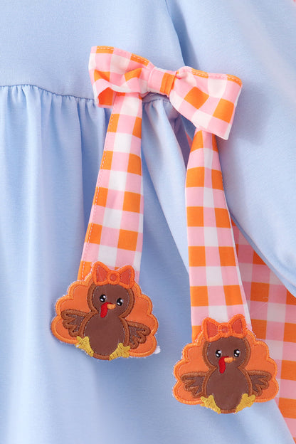 Blue Turkey Applique Gingham Ruffle Pants Set