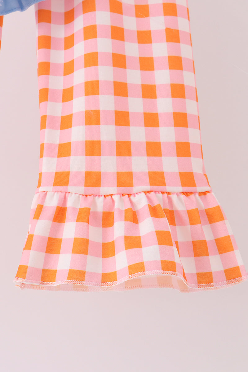Blue Turkey Applique Gingham Ruffle Pants Set