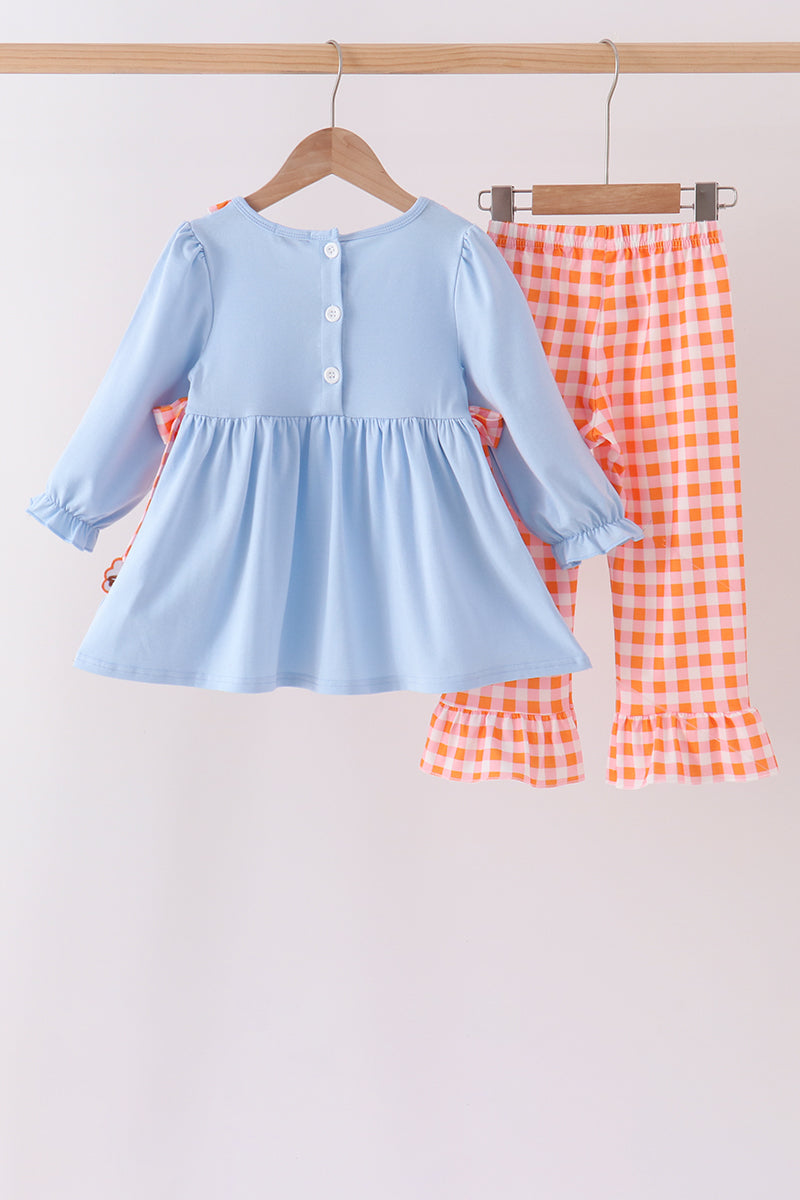 Blue Turkey Applique Gingham Ruffle Pants Set