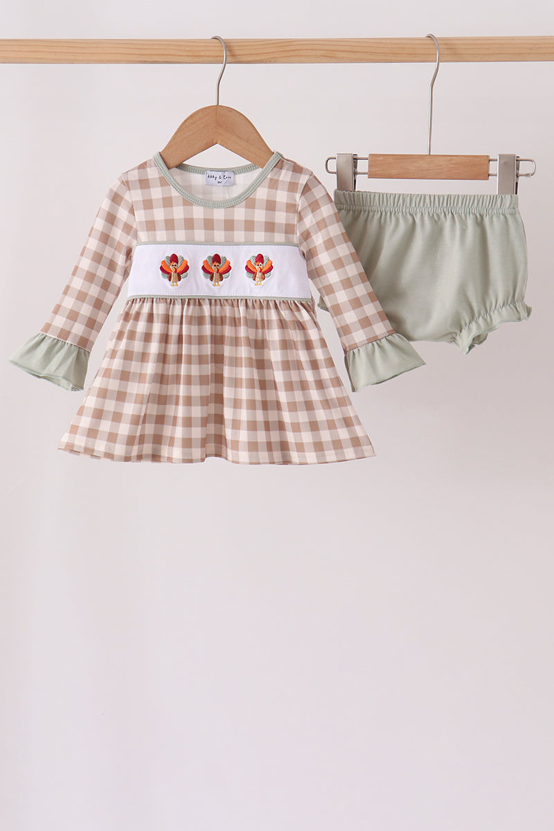 Brown Turkey Embroidery Gingham Bloomer Set