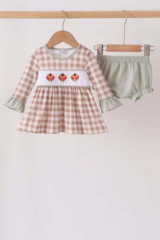 Brown Turkey Embroidery Gingham Bloomer Set