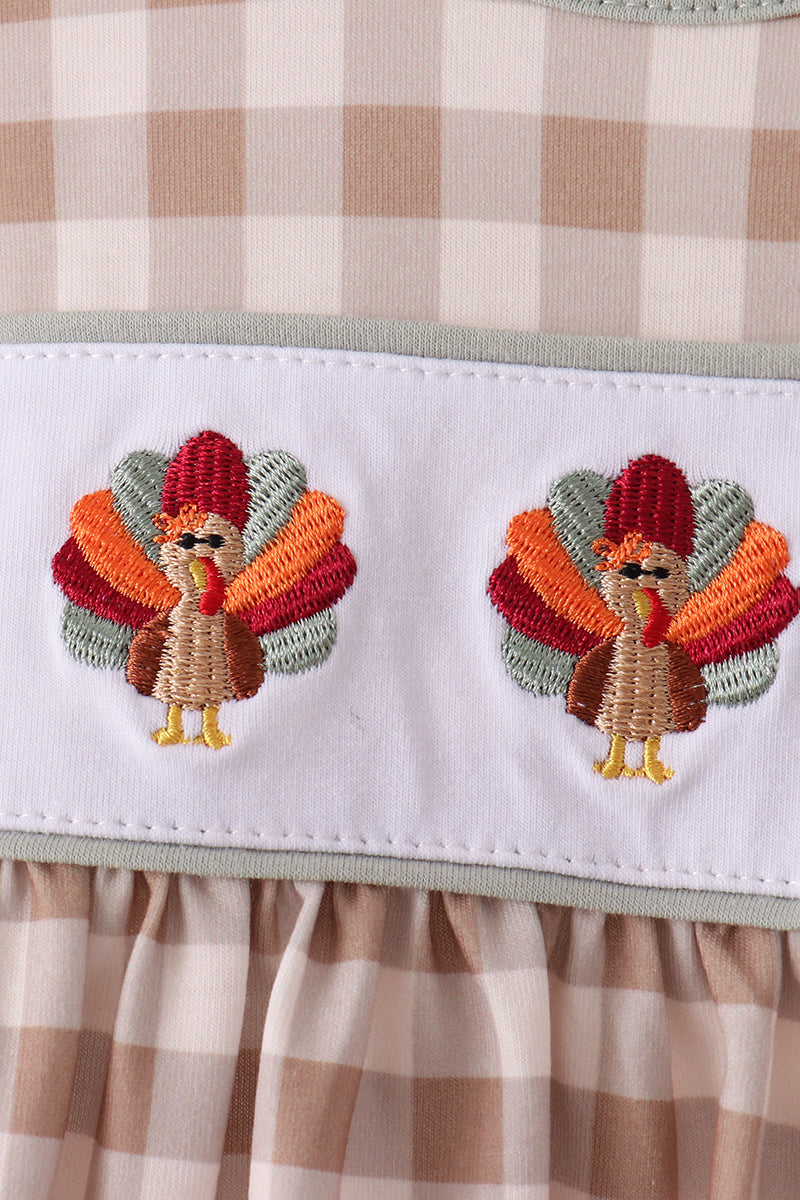 Brown Turkey Embroidery Gingham Bloomer Set