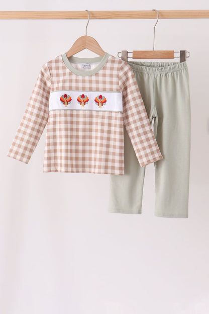 Brown Turkey Embroidery Gingham Pants Set
