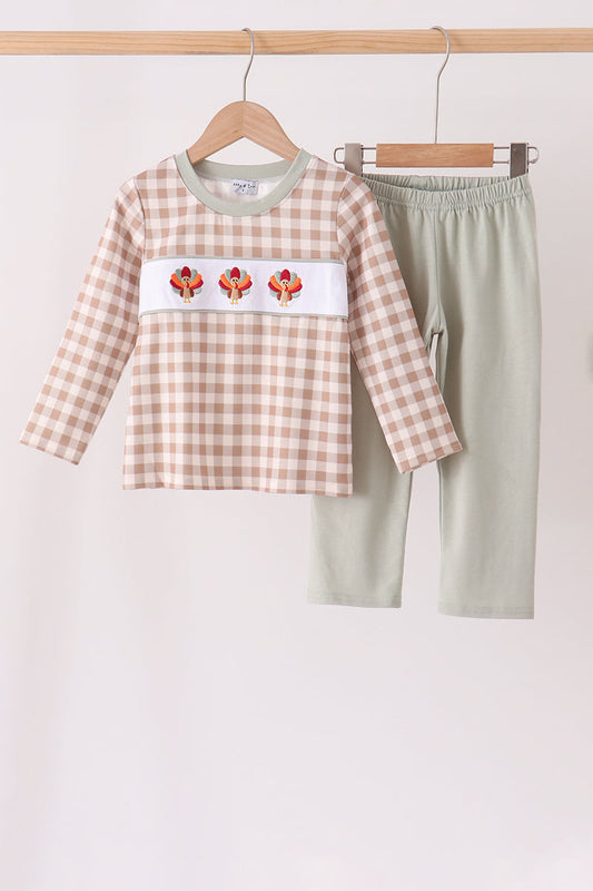 Brown Turkey Embroidery Gingham Pants Set