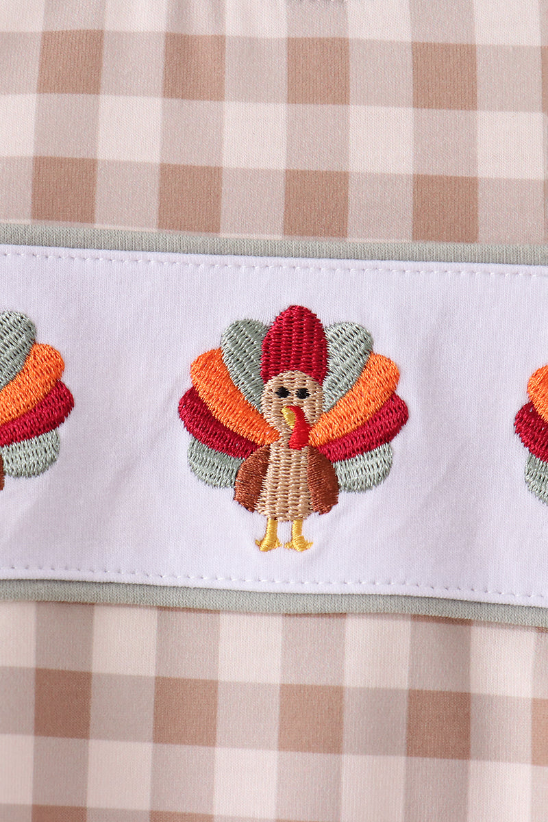 Brown Turkey Embroidery Gingham Pants Set