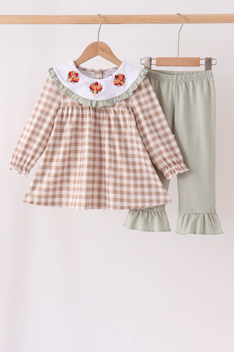Brown Turkey Embroidery Gingham Ruffle Pants Set