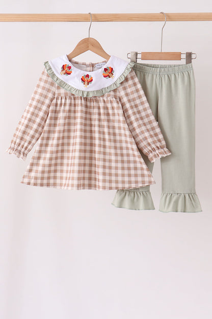 Brown Turkey Embroidery Gingham Ruffle Pants Set