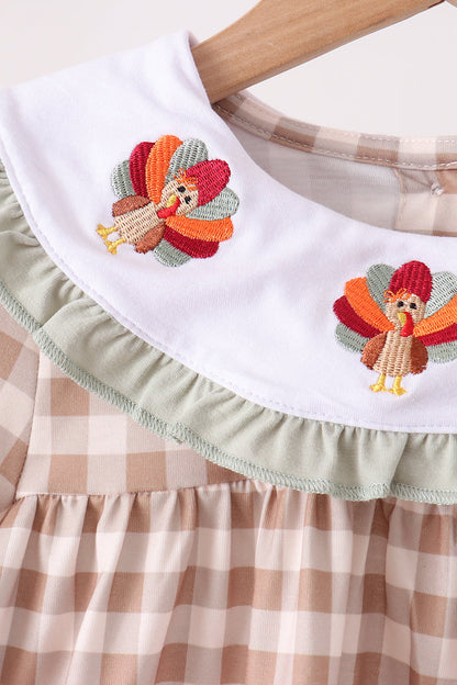 Brown Turkey Embroidery Gingham Ruffle Pants Set