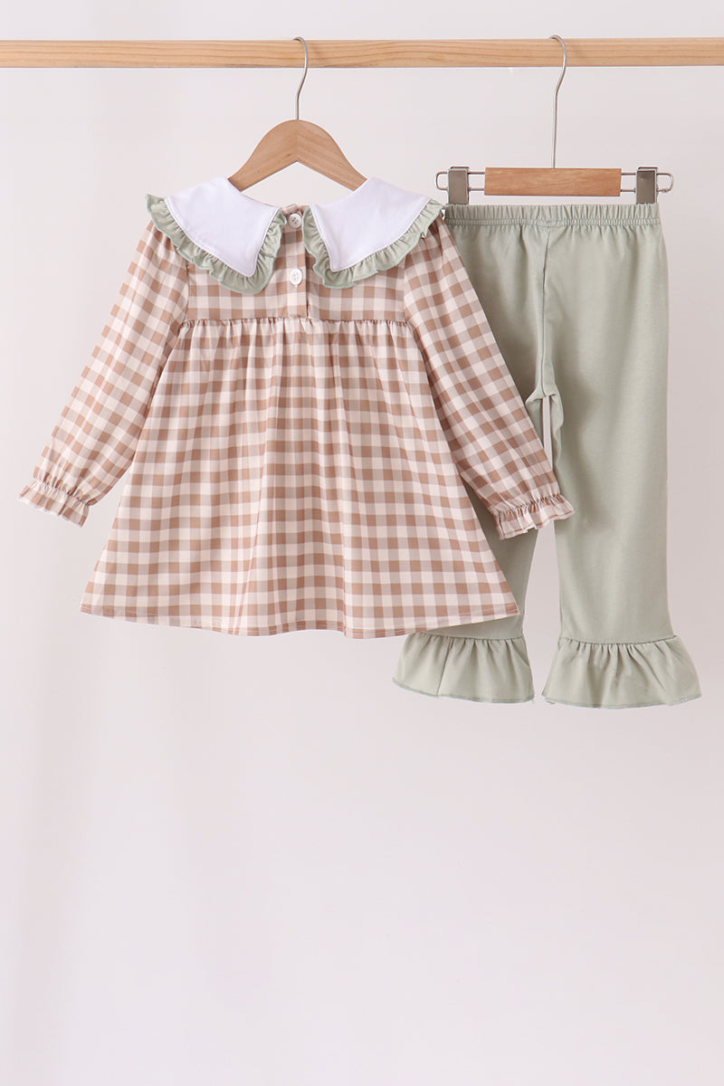 Brown Turkey Embroidery Gingham Ruffle Pants Set