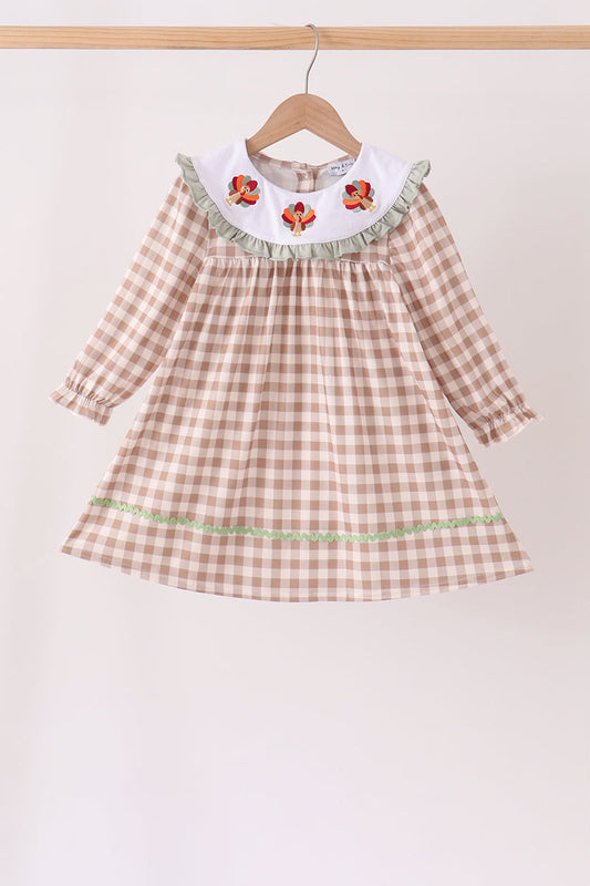 Brown Turkey Embroidery Gingham Ruffle Dress