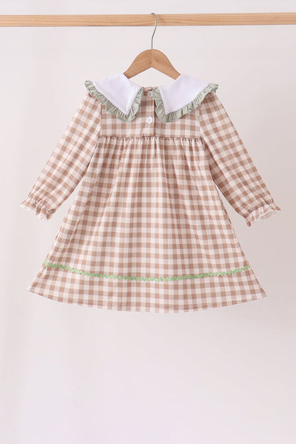 Brown Turkey Embroidery Gingham Ruffle Dress