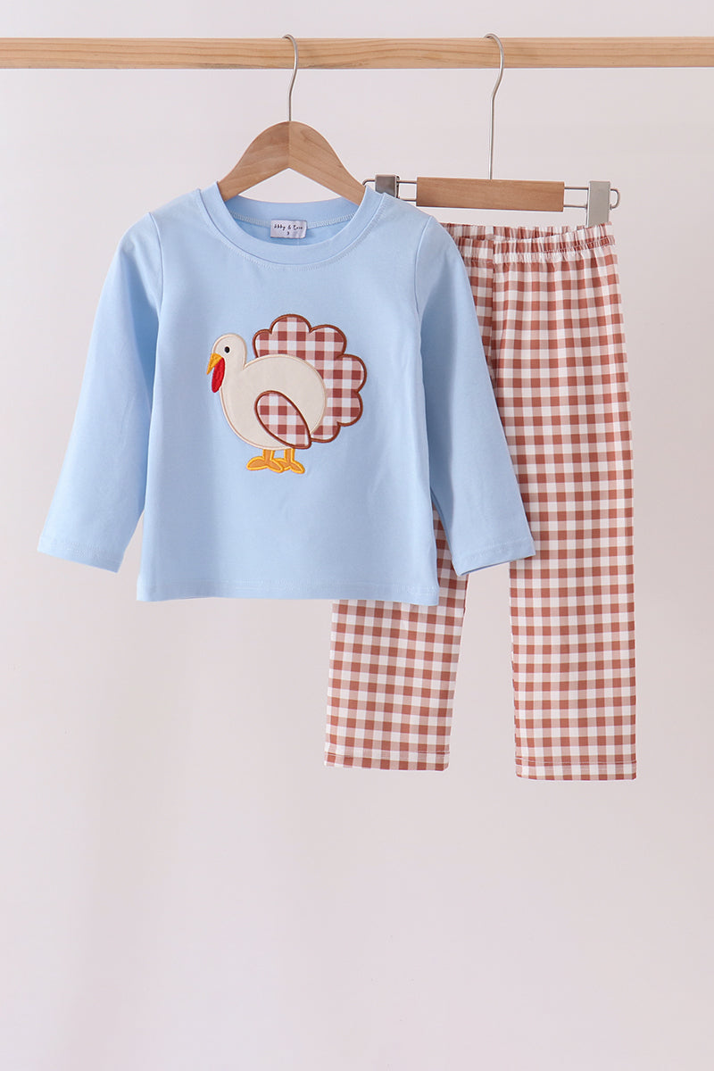 Blue Turkey Appliqué Gingham Pants Set